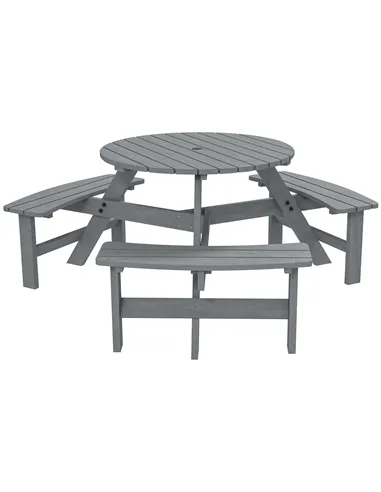 Outsunny 6 Seater Wooden Picnic Table and Garden Benches Set, Round Garden Dining Set with 3 Benches and Umbrella Hole Outdoor G