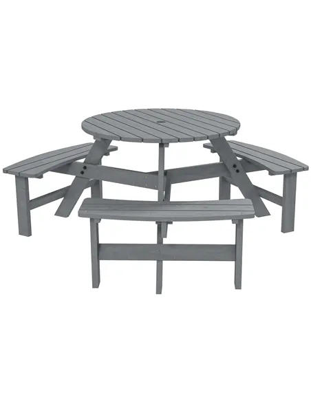 Outsunny 6 Seater Wooden Picnic Table and Garden Benches Set, Round Garden Dining Set with 3 Benches and Umbrella Hole Outdoor G