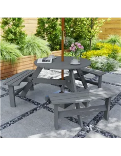 Outsunny 6 Seater Wooden Picnic Table and Garden Benches Set, Round Garden Dining Set with 3 Benches and Umbrella Hole Outdoor G 2
