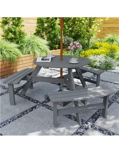 Outsunny 6 Seater Wooden Picnic Table and Garden Benches Set, Round Garden Dining Set with 3 Benches and Umbrella Hole Outdoor G