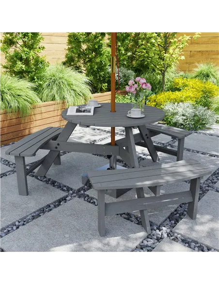 Outsunny 6 Seater Wooden Picnic Table and Garden Benches Set, Round Garden Dining Set with 3 Benches and Umbrella Hole Outdoor G