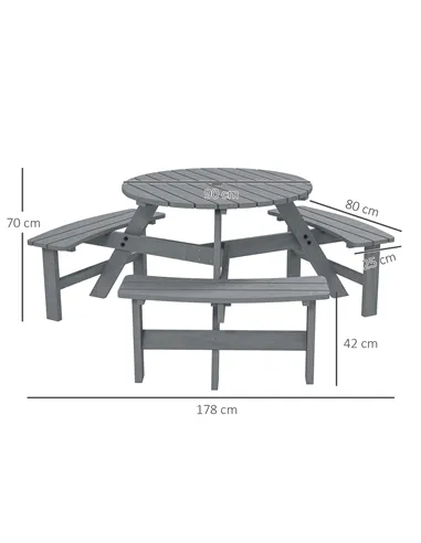 Outsunny 6 Seater Wooden Picnic Table and Garden Benches Set, Round Garden Dining Set with 3 Benches and Umbrella Hole Outdoor G