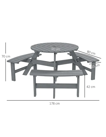 Outsunny 6 Seater Wooden Picnic Table and Garden Benches Set, Round Garden Dining Set with 3 Benches and Umbrella Hole Outdoor G