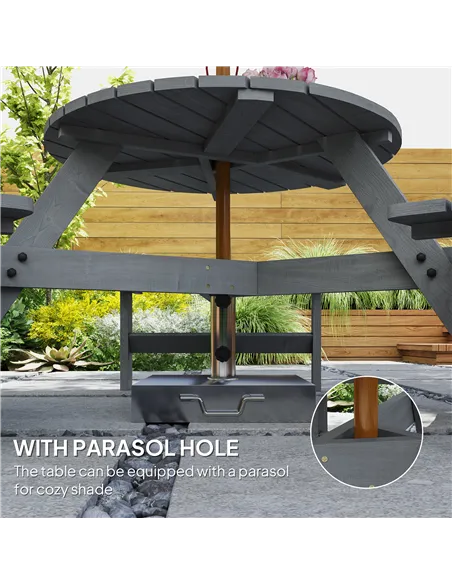 Outsunny 6 Seater Wooden Picnic Table and Garden Benches Set, Round Garden Dining Set with 3 Benches and Umbrella Hole Outdoor G