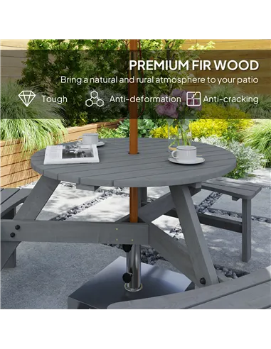 Outsunny 6 Seater Wooden Picnic Table and Garden Benches Set, Round Garden Dining Set with 3 Benches and Umbrella Hole Outdoor G