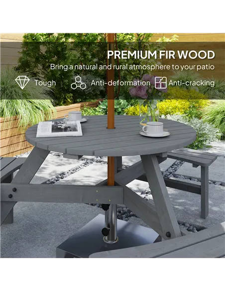 Outsunny 6 Seater Wooden Picnic Table and Garden Benches Set, Round Garden Dining Set with 3 Benches and Umbrella Hole Outdoor G