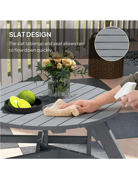 Outsunny 6 Seater Wooden Picnic Table and Garden Benches Set, Round Garden Dining Set with 3 Benches and Umbrella Hole Outdoor G