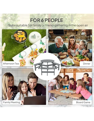 Outsunny 6 Seater Wooden Picnic Table and Garden Benches Set, Round Garden Dining Set with 3 Benches and Umbrella Hole Outdoor G