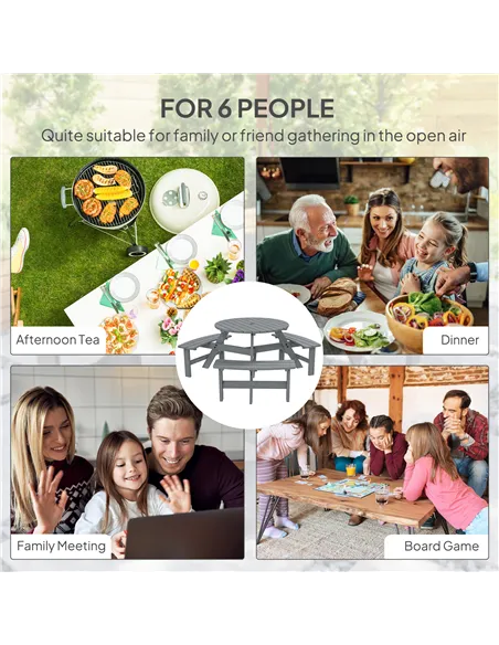 Outsunny 6 Seater Wooden Picnic Table and Garden Benches Set, Round Garden Dining Set with 3 Benches and Umbrella Hole Outdoor G