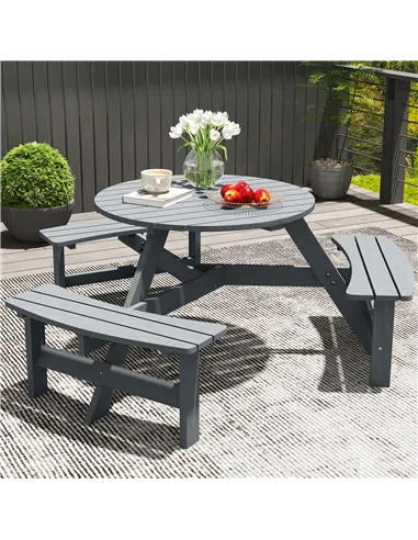 Outsunny 6 Seater Wooden Picnic Table and Garden Benches Set, Round Garden Dining Set with 3 Benches and Umbrella Hole Outdoor G