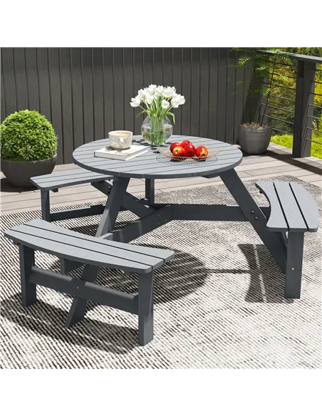 Outsunny 6 Seater Wooden Picnic Table and Garden Benches Set, Round Garden Dining Set with 3 Benches and Umbrella Hole Outdoor G