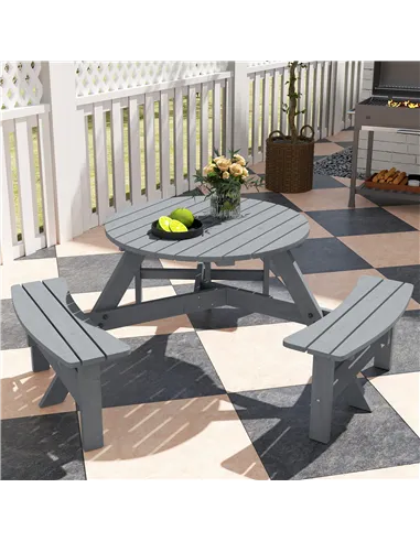 Outsunny 6 Seater Wooden Picnic Table and Garden Benches Set, Round Garden Dining Set with 3 Benches and Umbrella Hole Outdoor G