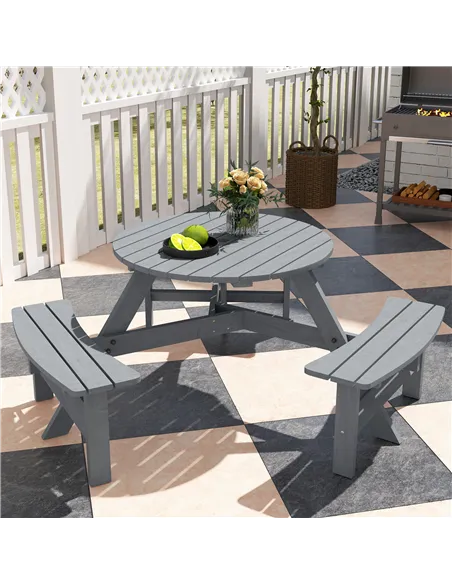 Outsunny 6 Seater Wooden Picnic Table and Garden Benches Set, Round Garden Dining Set with 3 Benches and Umbrella Hole Outdoor G