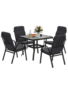 Outsunny 5 Pieces Outdoor Square Garden Dining Set w/ Tempered Glass Dining Table 4 Cushioned Armchairs, Umbrella Hole, Black