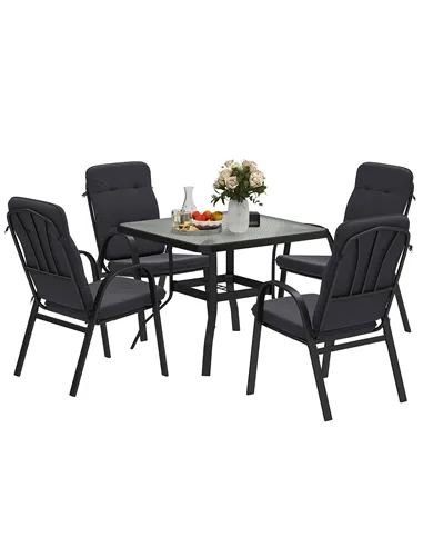 Outsunny 5 Pieces Outdoor Square Garden Dining Set w/ Tempered Glass Dining Table 4 Cushioned Armchairs, Umbrella Hole, Black