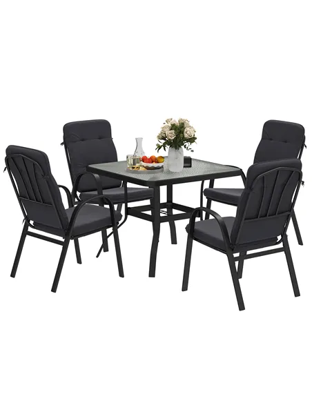 Outsunny 5 Pieces Outdoor Square Garden Dining Set w/ Tempered Glass Dining Table 4 Cushioned Armchairs, Umbrella Hole, Black
