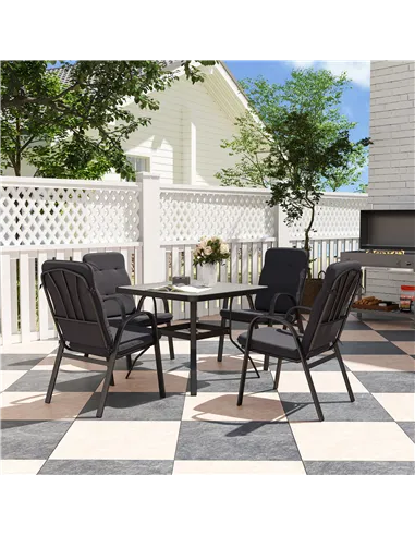 Outsunny 5 Pieces Outdoor Square Garden Dining Set w/ Tempered Glass Dining Table 4 Cushioned Armchairs, Umbrella Hole, Black