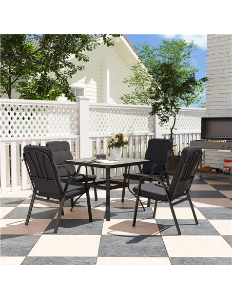 Outsunny 5 Pieces Outdoor Square Garden Dining Set w/ Tempered Glass Dining Table 4 Cushioned Armchairs, Umbrella Hole, Black