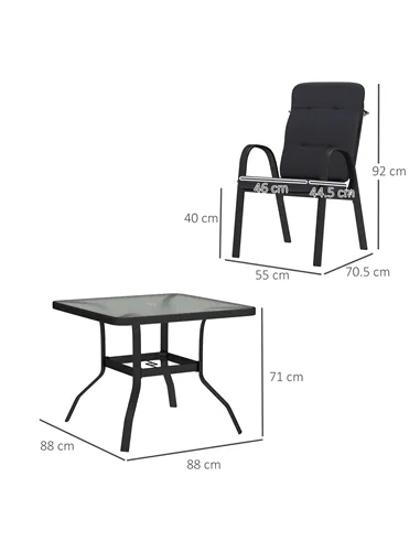 Outsunny 5 Pieces Outdoor Square Garden Dining Set w/ Tempered Glass Dining Table 4 Cushioned Armchairs, Umbrella Hole, Black