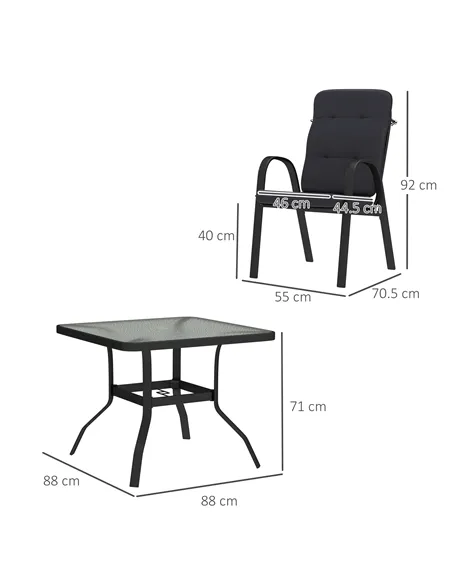 Outsunny 5 Pieces Outdoor Square Garden Dining Set w/ Tempered Glass Dining Table 4 Cushioned Armchairs, Umbrella Hole, Black
