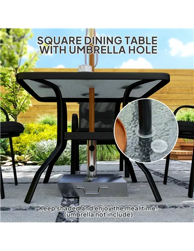 Outsunny 5 Pieces Outdoor Square Garden Dining Set w/ Tempered Glass Dining Table 4 Cushioned Armchairs, Umbrella Hole, Black