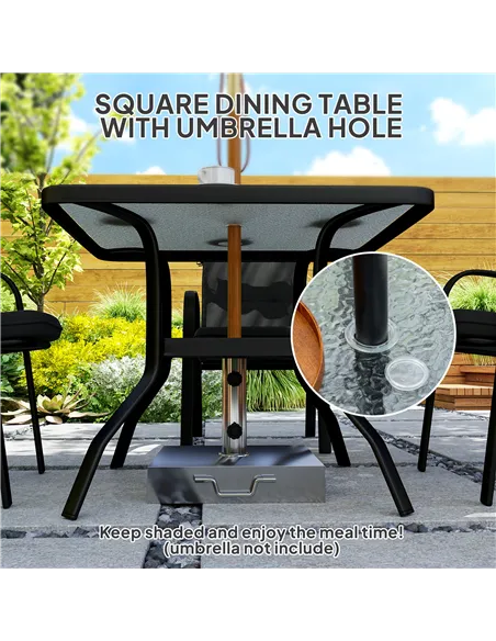 Outsunny 5 Pieces Outdoor Square Garden Dining Set w/ Tempered Glass Dining Table 4 Cushioned Armchairs, Umbrella Hole, Black