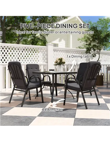 Outsunny 5 Pieces Outdoor Square Garden Dining Set w/ Tempered Glass Dining Table 4 Cushioned Armchairs, Umbrella Hole, Black