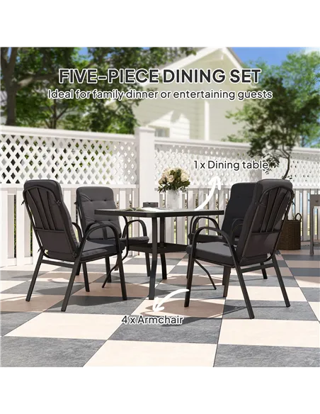 Outsunny 5 Pieces Outdoor Square Garden Dining Set w/ Tempered Glass Dining Table 4 Cushioned Armchairs, Umbrella Hole, Black