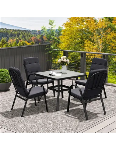 Outsunny 5 Pieces Outdoor Square Garden Dining Set w/ Tempered Glass Dining Table 4 Cushioned Armchairs, Umbrella Hole, Black