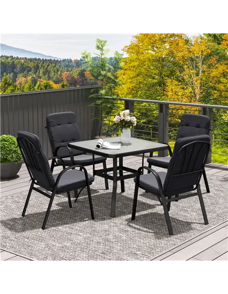 Outsunny 5 Pieces Outdoor Square Garden Dining Set w/ Tempered Glass Dining Table 4 Cushioned Armchairs, Umbrella Hole, Black