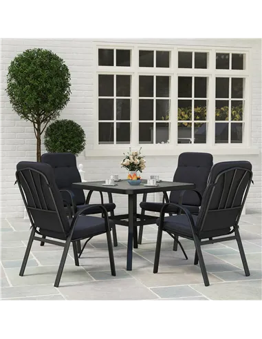 Outsunny 5 Pieces Outdoor Square Garden Dining Set w/ Tempered Glass Dining Table 4 Cushioned Armchairs, Umbrella Hole, Black