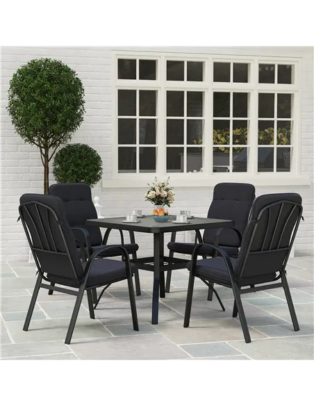 Outsunny 5 Pieces Outdoor Square Garden Dining Set w/ Tempered Glass Dining Table 4 Cushioned Armchairs, Umbrella Hole, Black