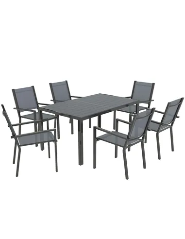 Outsunny 7 Piece Garden Dining Set, Outdoor Furniture Set with 6 Stackable Chairs and 150 cm Rectangle Table, WPC Slatted Top, R