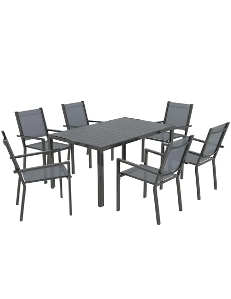 Outsunny 7 Piece Garden Dining Set, Outdoor Furniture Set with 6 Stackable Chairs and 150 cm Rectangle Table, WPC Slatted Top, R
