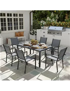 Outsunny 7 Piece Garden Dining Set, Outdoor Furniture Set with 6 Stackable Chairs and 150 cm Rectangle Table, WPC Slatted Top, R 2