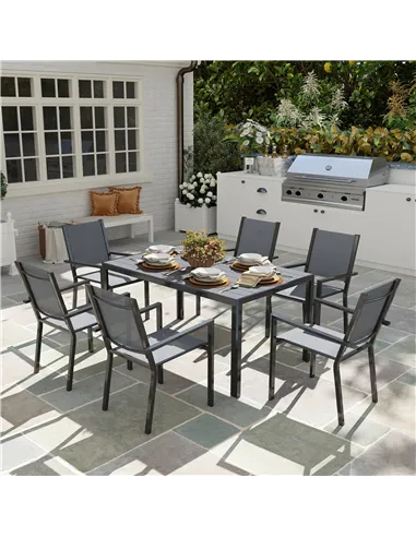 Outsunny 7 Piece Garden Dining Set, Outdoor Furniture Set with 6 Stackable Chairs and 150 cm Rectangle Table, WPC Slatted Top, R