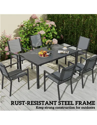 Outsunny 7 Piece Garden Dining Set, Outdoor Furniture Set with 6 Stackable Chairs and 150 cm Rectangle Table, WPC Slatted Top, R