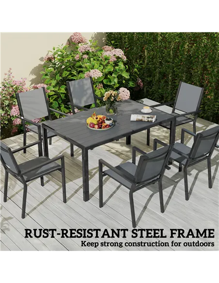 Outsunny 7 Piece Garden Dining Set, Outdoor Furniture Set with 6 Stackable Chairs and 150 cm Rectangle Table, WPC Slatted Top, R