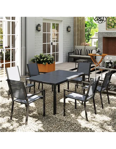 Outsunny 7 Piece Garden Dining Set, Outdoor Furniture Set with 6 Stackable Chairs and 150 cm Rectangle Table, WPC Slatted Top, R