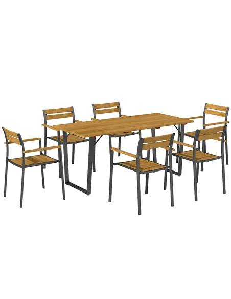 Outsunny Seven-Piece Wood Panel Patio Dining Set - Brown/Black