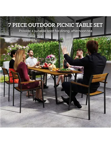 Outsunny Seven-Piece Wood Panel Patio Dining Set - Brown/Black