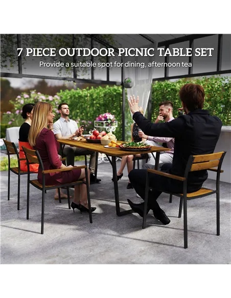 Outsunny Seven-Piece Wood Panel Patio Dining Set - Brown/Black