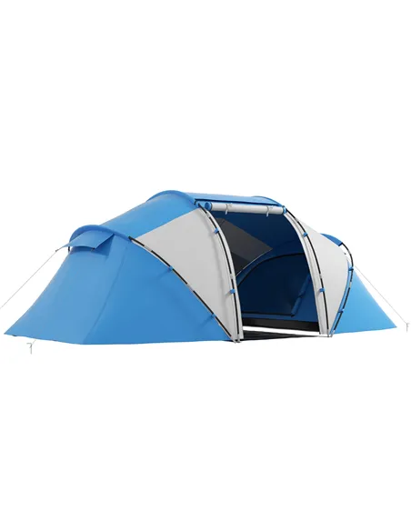 Outsunny 4-6 Man Camping Tent w/ Two Bedroom, Hiking Sun Shelter, UV Protection Tunnel Tent, Blue and White