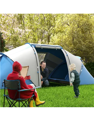 Outsunny 4-6 Man Camping Tent w/ Two Bedroom, Hiking Sun Shelter, UV Protection Tunnel Tent, Blue and White