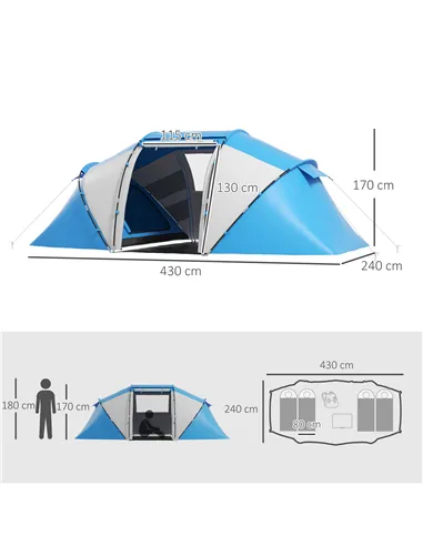 Outsunny 4-6 Man Camping Tent w/ Two Bedroom, Hiking Sun Shelter, UV Protection Tunnel Tent, Blue and White