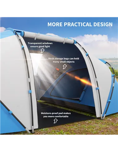 Outsunny 4-6 Man Camping Tent w/ Two Bedroom, Hiking Sun Shelter, UV Protection Tunnel Tent, Blue and White
