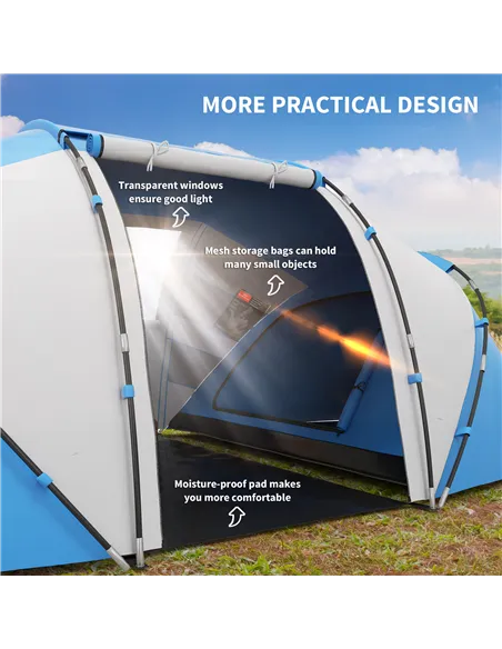 Outsunny 4-6 Man Camping Tent w/ Two Bedroom, Hiking Sun Shelter, UV Protection Tunnel Tent, Blue and White