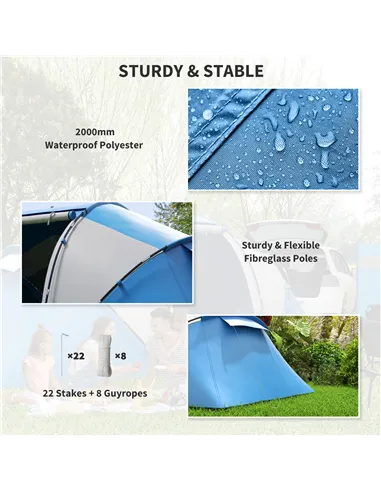 Outsunny 4-6 Man Camping Tent w/ Two Bedroom, Hiking Sun Shelter, UV Protection Tunnel Tent, Blue and White