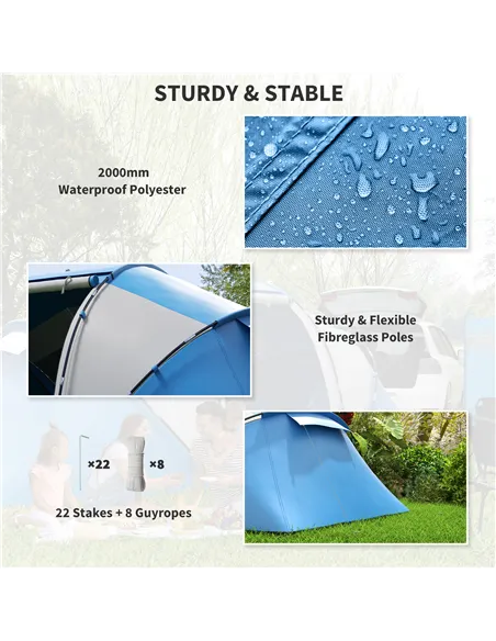 Outsunny 4-6 Man Camping Tent w/ Two Bedroom, Hiking Sun Shelter, UV Protection Tunnel Tent, Blue and White