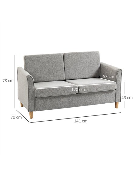 HOMCOM Compact Loveseat Sofa, Modern 2 Seater Sofa for Living Room with Wood Legs and Armrests, Light Grey